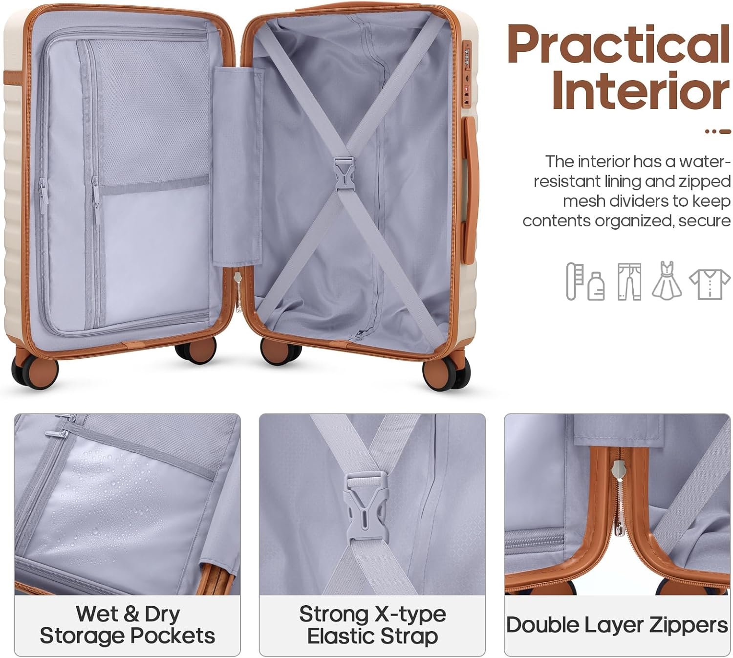 UKEIN Luggage Sets 3 Piece, Carry On Luggage 20In With Spinner Wheels,PC Hardside Suitcase Set with TSA Lock,Durable Carry On Suitcase With Travel Backpack for Men (Beige, 3 piece set (20inch)) - Image 2