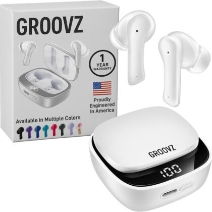 Groovz True Wireless Earbuds with Charging Case - Designed and Engineered in The USA - IPx4 Water Resistant Bluetooth Earbuds Compatible with Apple and Android - 27Hrs Battery Life - White