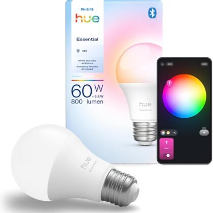 Philips Hue Essential Smart LED A19 Bulb, White and Color Ambiance, E26 Base, 8.8W, 2200K-6500K, 800 Lumens, Dimmable, Works with Alexa, Google, and Apple Home, 1-Pack