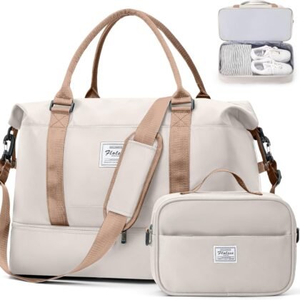 Weekender Bags for Women, Travel Duffel Bags with Shoe Compartment,Personal Item Travel Bag for Airlines, Carry on Overnight Tote Bag for Women with Toiletry Bag，Beige&Brown