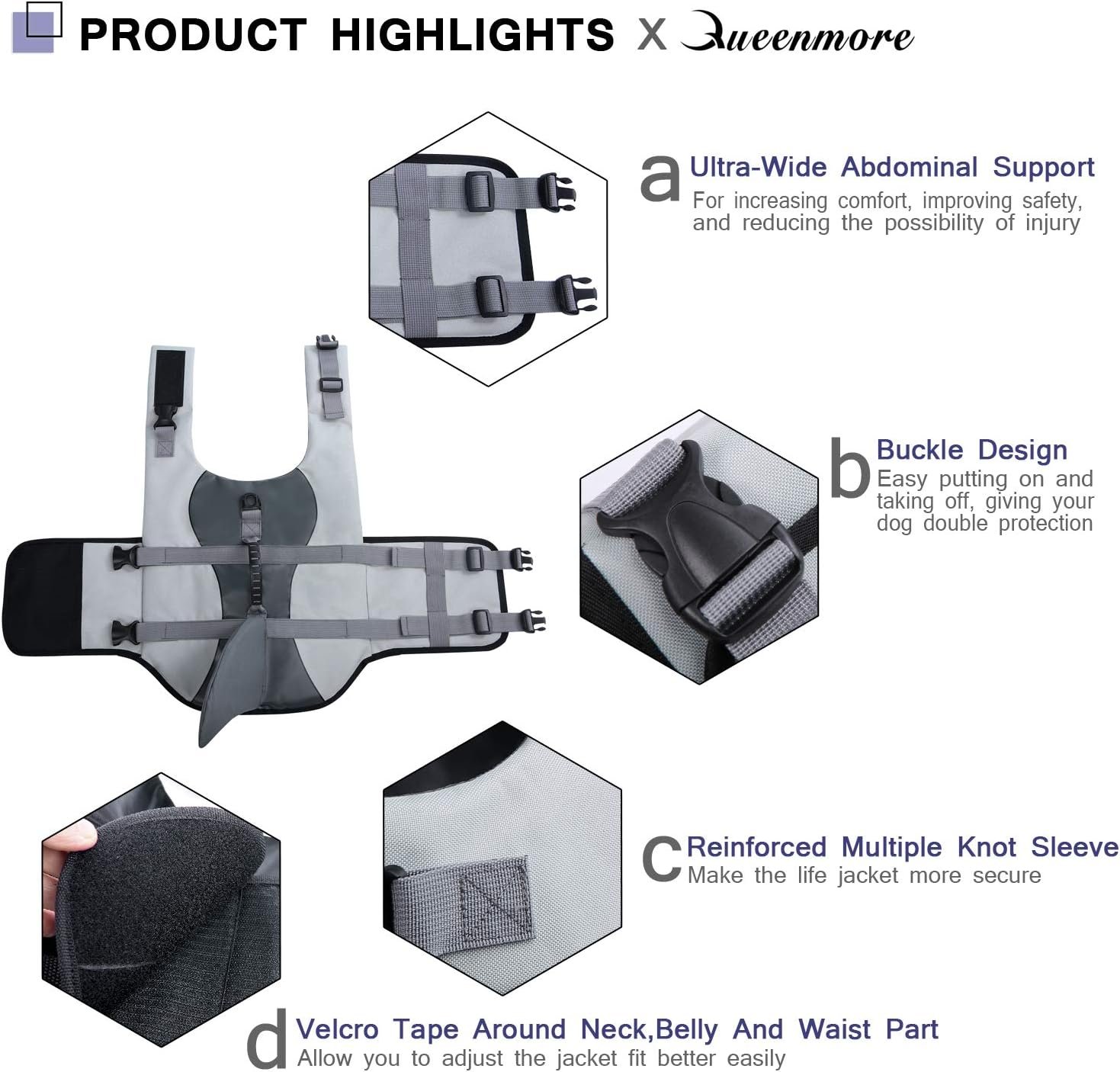 Queenmore Dog Life Jacket Ripstop Dog Safety Vest Adjustable Preserver with High Buoyancy and Durable Rescue Handle for Small,Medium,Large Dogs, Grey Shark X-Large - Image 5