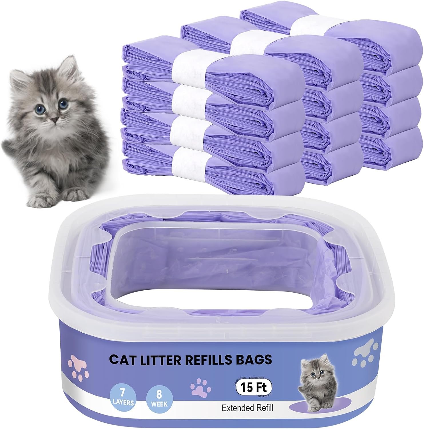 12 Pack Cat Litter Refills, Compatible with Genie Bag Refills, Enhanced Odor Control, Includes One Non-Original Refill Box (Purple)