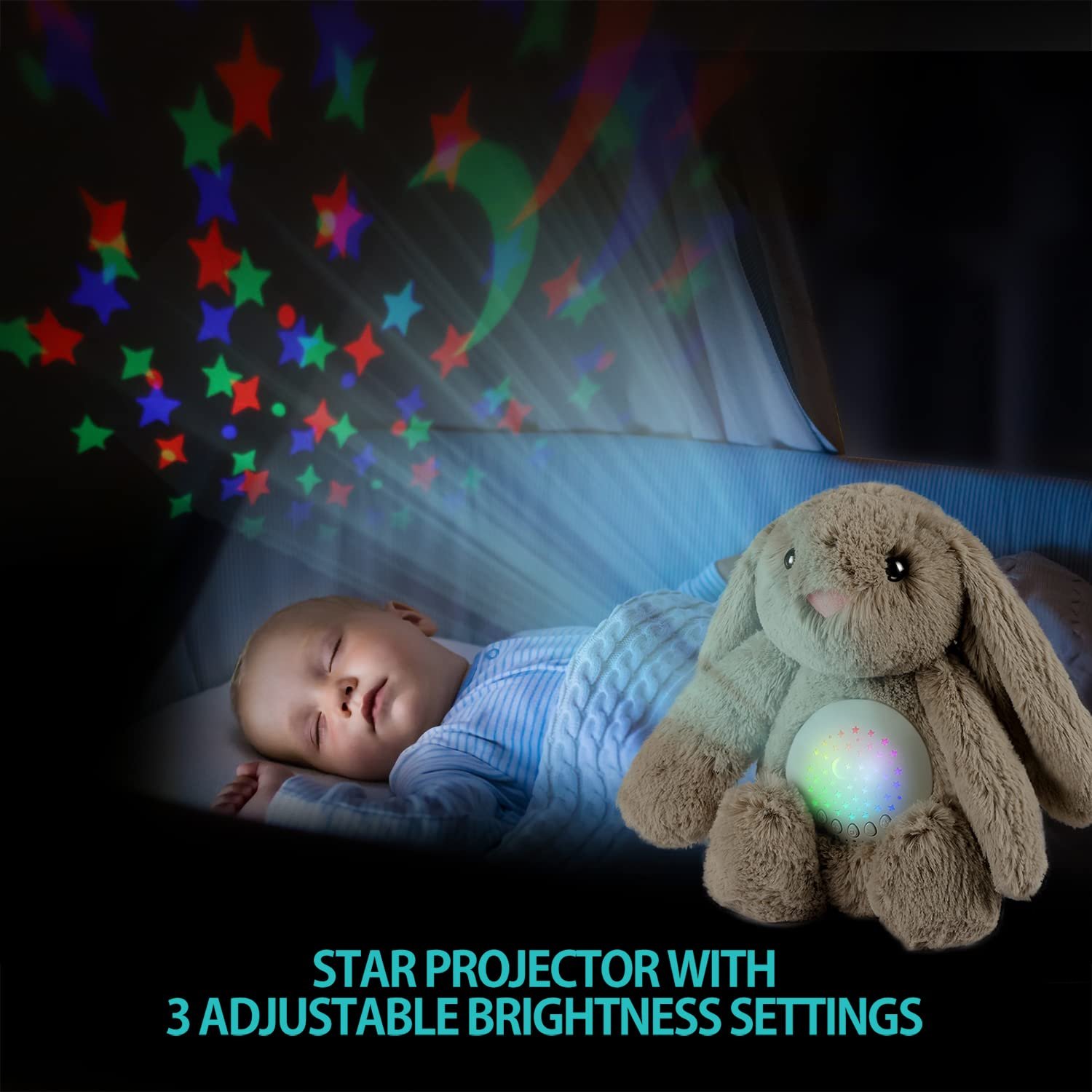 BEREST Baby Sleep Soother Bedtime Bunny with Starry Projector Night Light, Plush Stuffed Animal for Newborn Infants, Lullaby Music, White Noise, Mother's Heartbeat for Boys & Girls Shower Gifts - Image 3