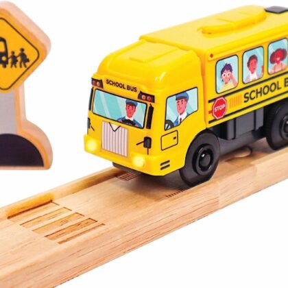 Motorized School Bus for Wooden Track - Yellow Schoolbus Themed Battery Operated - Includes Wooden Bus Stop Sign - Electric Powered Engine Toy for Wood Track for Kids