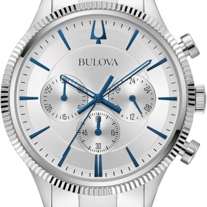 Bulova Men's Classic 6-Hand Chronograph Quartz Silver Stainless Steel Watch, 24 Hour Time, Luminous Hands, 43mm, Style:96A321