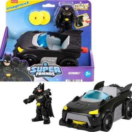 Fisher-Price Imaginext DC Super Friends Metal Force Batmobile Toy Car, 3-inch Batman Action Figure & Accessories Set, Includes Launcher & 2 Discs