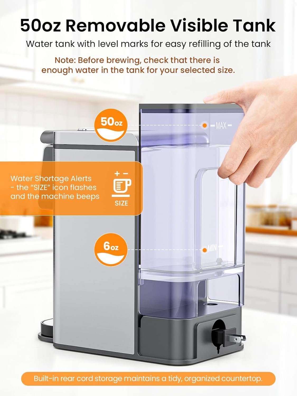Karosie K Cup Coffee Maker with Strong Brew Setting, 50oz Removable Tank, 6-14 oz Brew Sizes Hot & Iced Coffee Machine for K-Cup and Grounds, Descaling Reminder, Stainless Steel,Black - Image 7