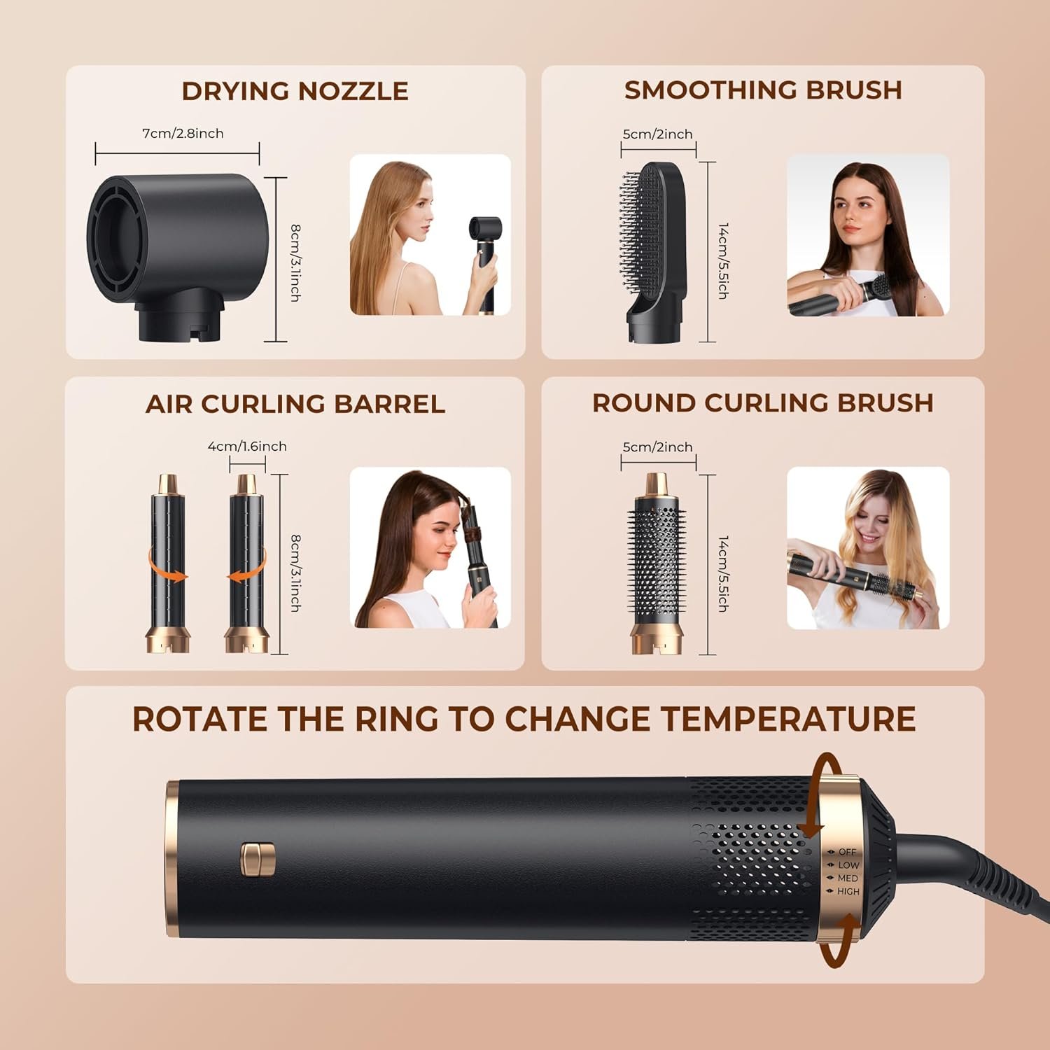 5 in 1 Blow Dryer Brush, Upgrade Hair Dryer Brush Air Curler Air Curling Wrap Styler, Detachable Hot Air Brush Negative Ion Curling Brush Iron, Hair Styling Tools for Drying Curling Straightening - Image 7