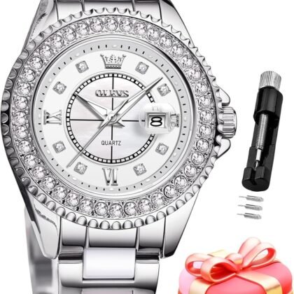 OLEVS Watches for Women Diamond with Date Luxury Leather Female Waterproof Women Wrist Watch Analog Dress Stainless Steel Ladies Watch Luminous Calendar Women Watch Green/Silver/Red Dial