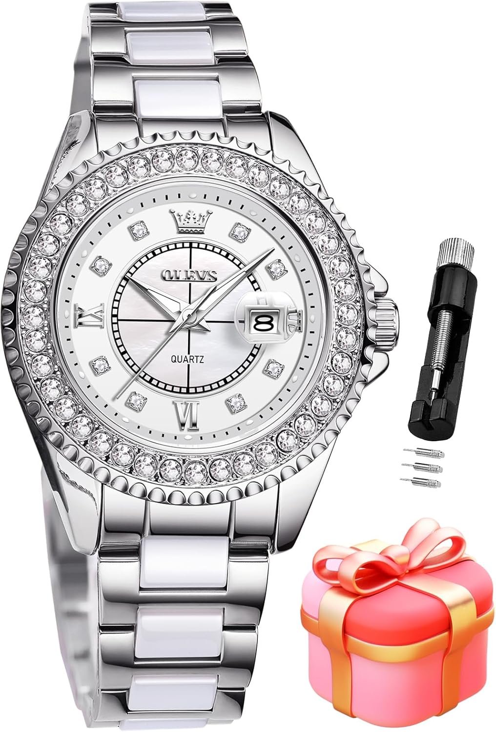 OLEVS Watches for Women Diamond with Date Luxury Leather Female Waterproof Women Wrist Watch Analog Dress Stainless Steel Ladies Watch Luminous Calendar Women Watch Green/Silver/Red Dial