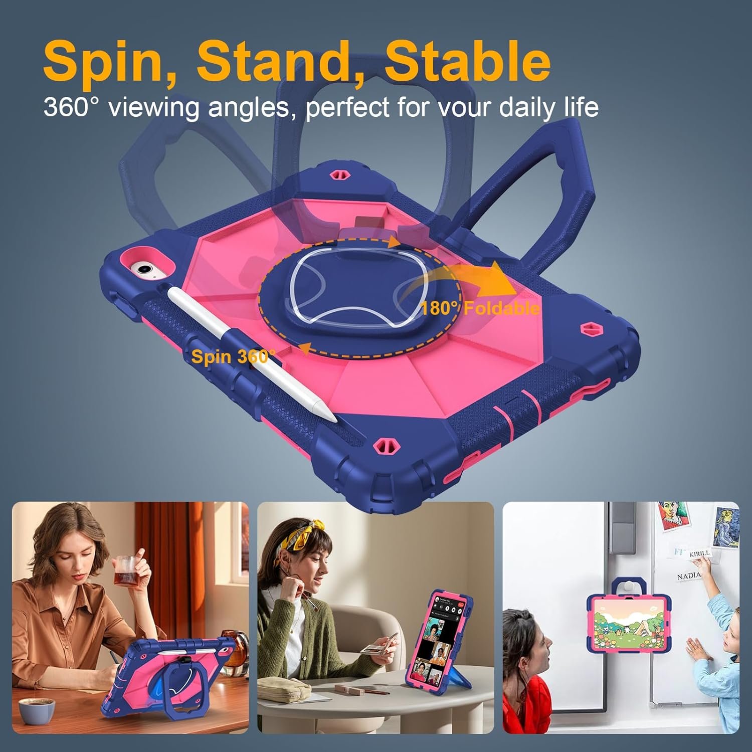 Case for iPad A16 11th Generation 11 Inch 2025, Auorld for iPad 10th Generation 10.9 inch 2022 case with Screen Protector, 360 Degree Rotating Stand Shoulder Strap Pencil Holder, Navy Pink - Image 4