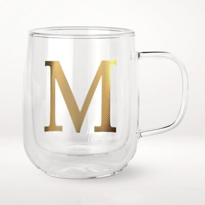 COLLECTIVE HOME - Double Walled Glass Coffee Mugs, Insulated Coffee Mug with Handle, Personalized Gifts for Women, Men, Christmas, 14 oz Monogram Cups (M)