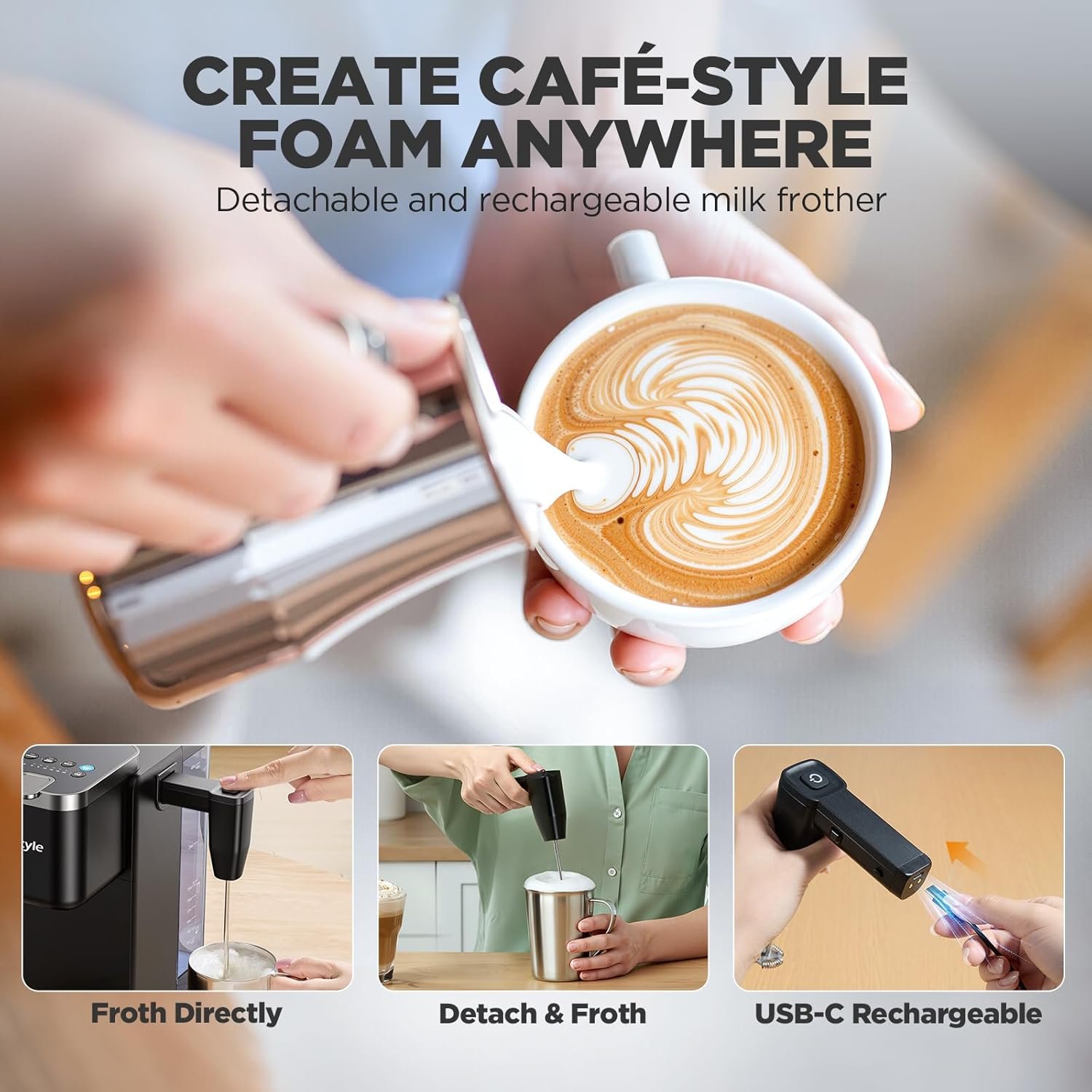 Single Serve Coffee Maker with Built-in Detachable Milk Frother, Iced and Hot Coffee Machine for K Cup & Grounds, 40oz Removable Water Reservoir, 6 Cup Sizes, Fits 7.3" Travel Mug, Black - Image 3