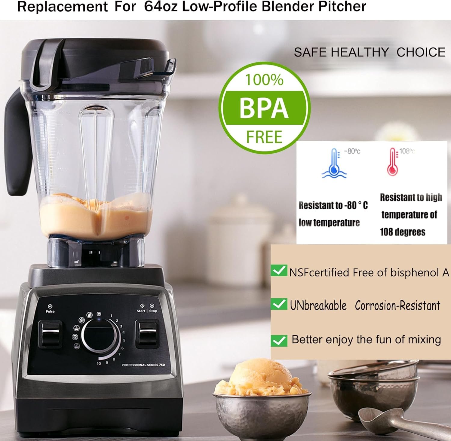 Blender Pitcher 64oz Low-Profile, Compatible with 780 75-0 75-00 5000 5200 7800 Vm0102 Vm0103 Vm0197 E310 Professional/Commercial/ClassicSeries etc Blender, BPA-Free Blender jar cup,10 Years Warranty - Image 3