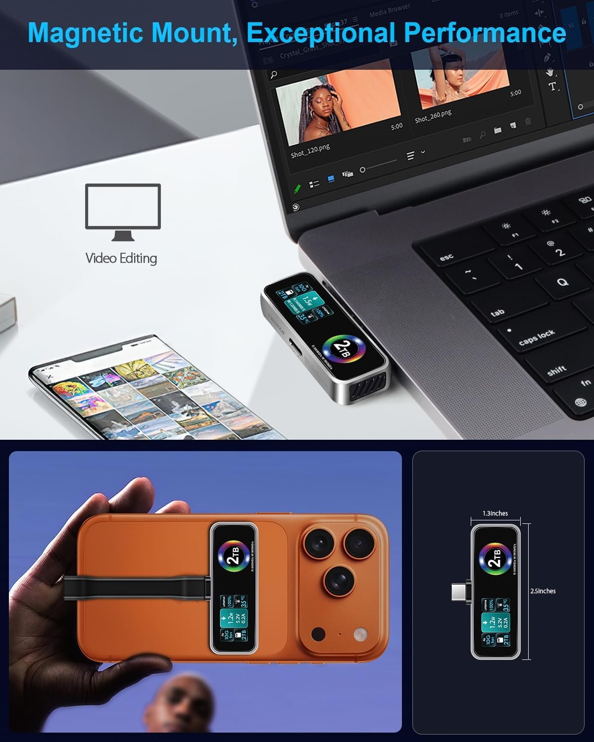 TWOPAN Magnetic Portable iPhone SSD for ProRes 4K 60fps Video Recording, 2TB External Super Storage for iPhone 17/16/15 Pro/Pro Max, iMac/MacBook, LCD Display, USB-C PD 3.0 Port, Built-in Cooling Fan - Image 6