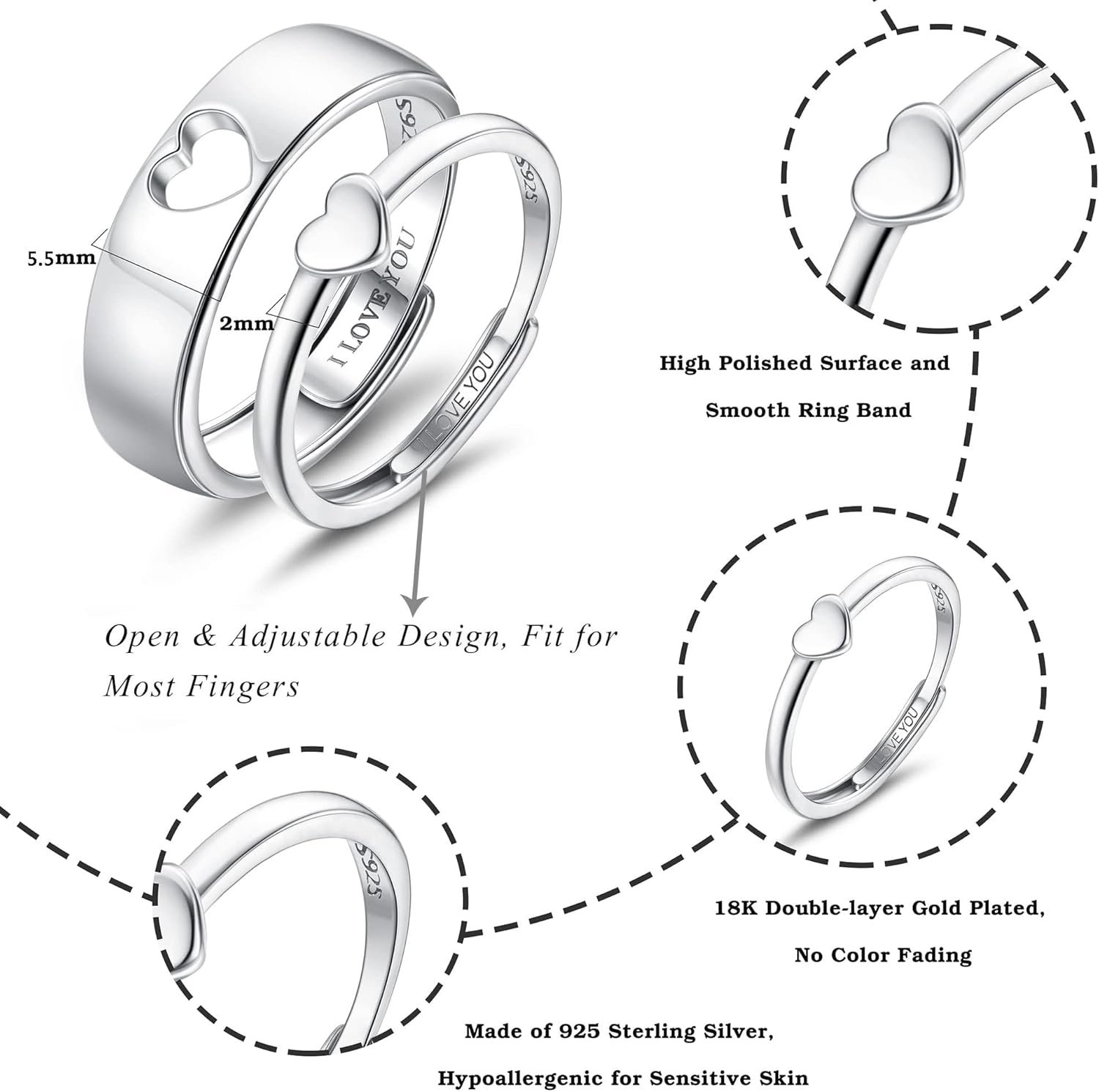 MILACOLATO Matching Rings for Couples 925 Sterling Silver Matching Heart Promise Rings I Love You Engagement Wedding Ring Sets for Him and Her Adjustable Butterfly Matching Rings Valentines Day Gifts - Image 3