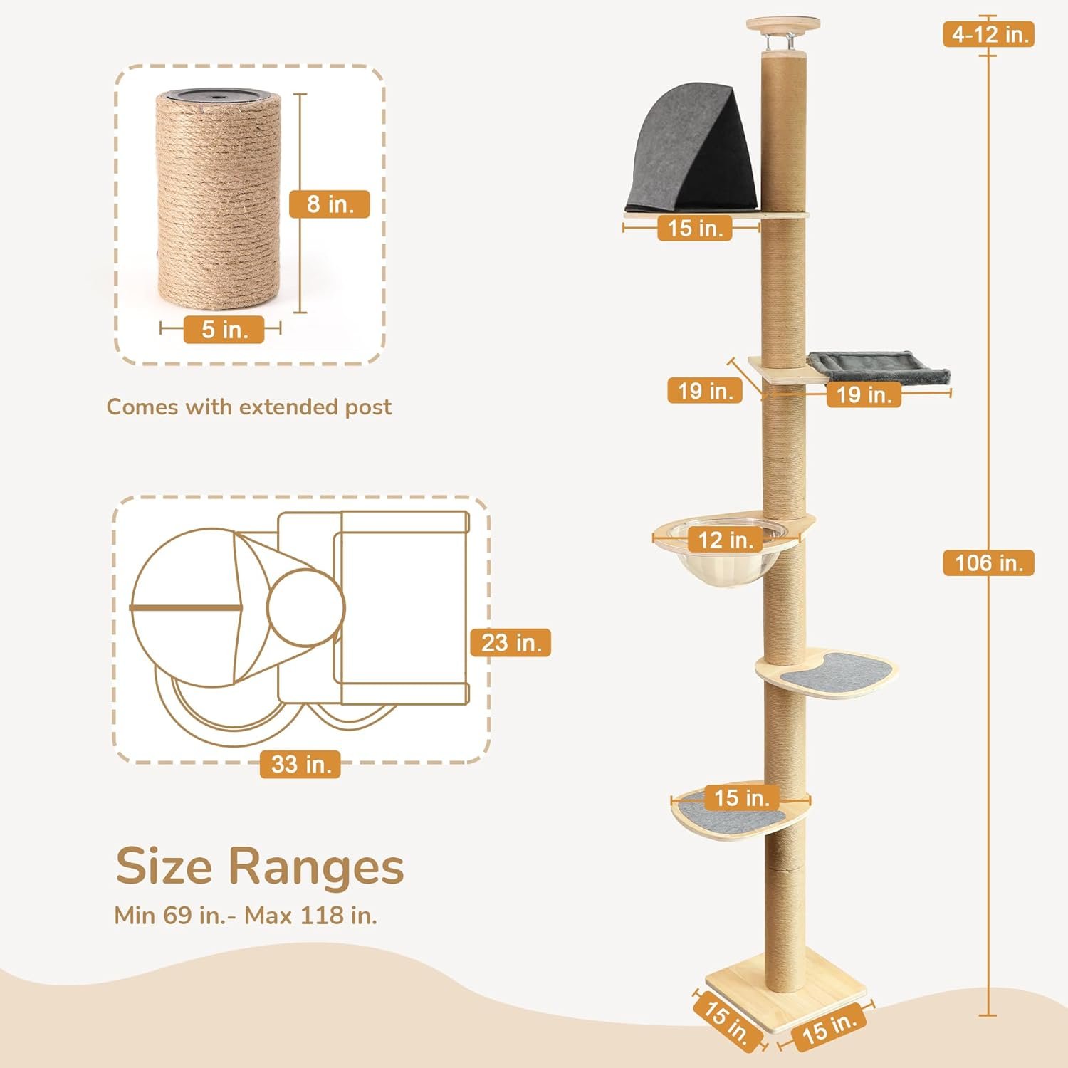 FUKUMARU Floor to Ceiling Cat Tree, 6 Level Adjustable Height (5.7-9.8 ft) Climbing Tower with Thickened Scratching Posts, Cats Activity Center with Transparent Capsule and Cozy Hammock - Image 3