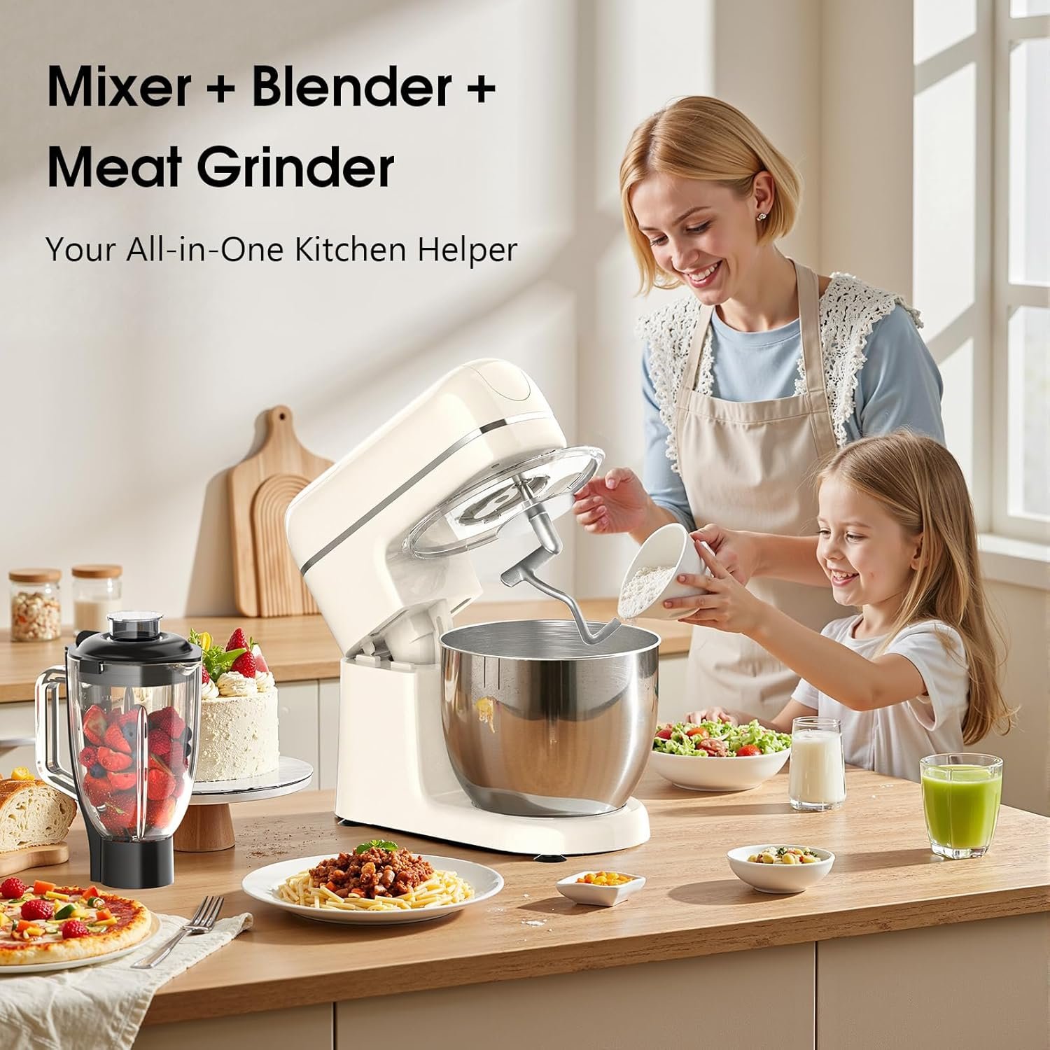 Stand Mixer, 7-IN-1 6.5QT 660W Multifunctional Electric Kitchen Mixers with Blender, Meat Grinder, Dough Hook, Whisk and Beater, 8-Speed Food Mixer for Baking, Cooking, Food Processing, Beige - Image 6