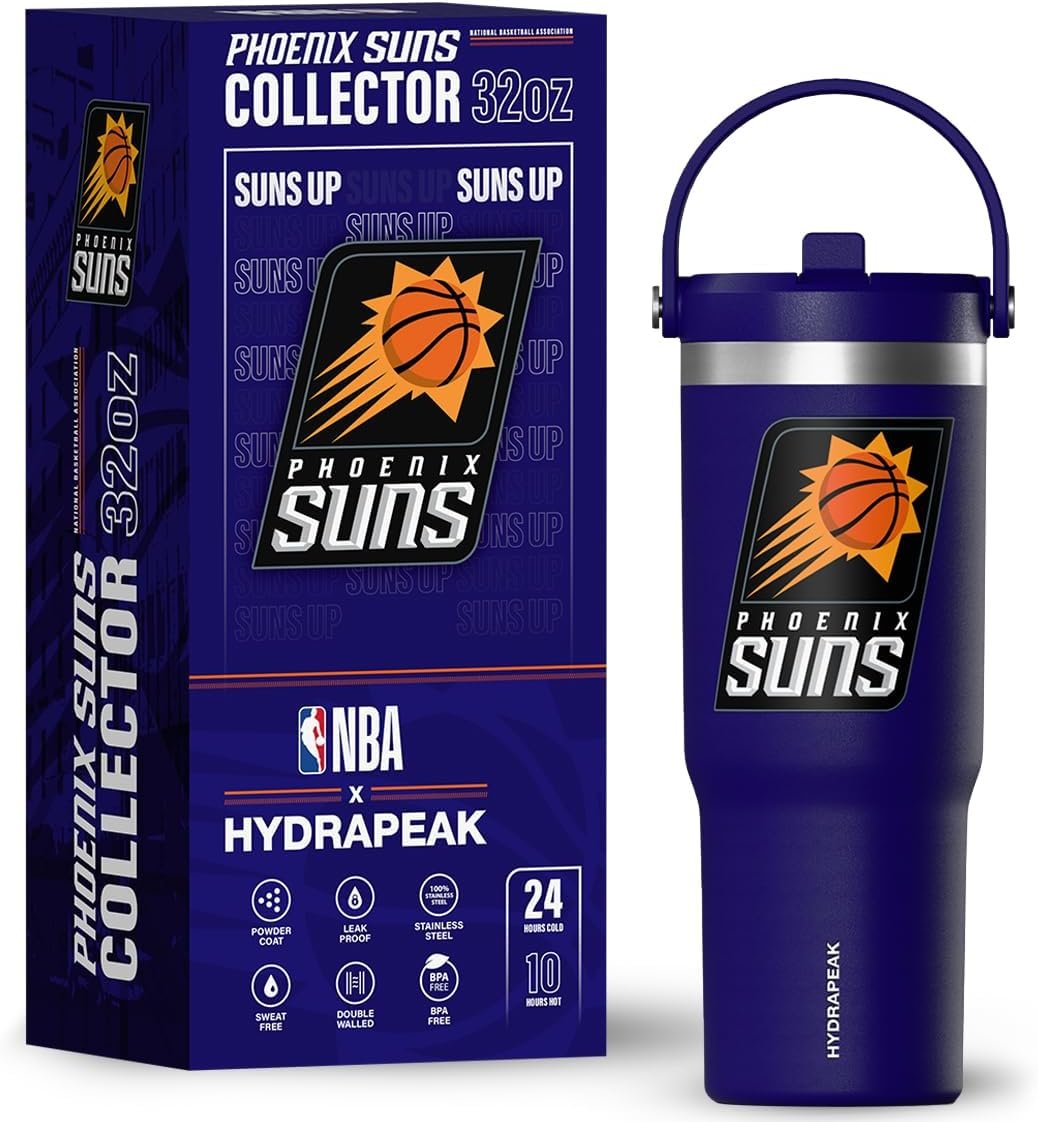 Hydrapeak x NBA Officially Licensed Phoenix Suns 32oz Nomad Stainless Steel Tumbler with Handle and Straw Lid, Leakproof Water Bottle in Limited Edition Collector's Gift Box