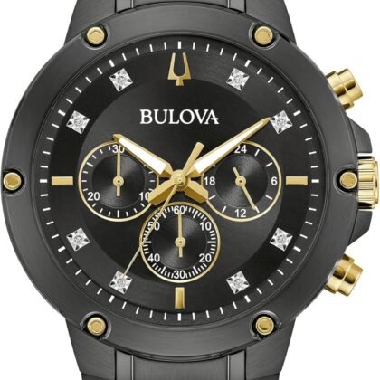 Bulova Men's Classic 6-Hand Chronograph Diamond Quartz Black Ion Plated Stainless Steel Watch, 24 Hour Time, 43mm, Style:98D190