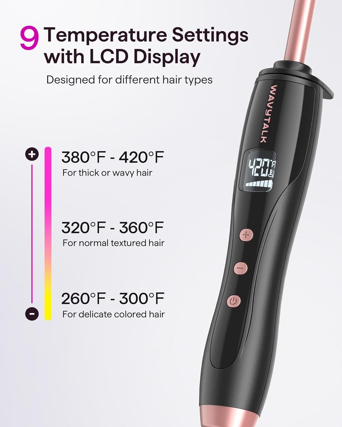 Wavytalk 3/8 Inch Small Curling Iron Wand for Short & Long Hair, Ceramic Barrel with Adjustable Temperature, Heat Resistant Glove Included (Rose Pink) - Image 3