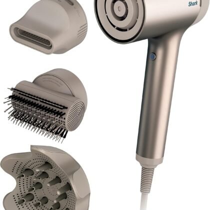 Shark HD120BRN Blow Dryer HyperAIR Fast-Drying with IQ 2-in-1 Concentrator, Styling Brush, and Curl-Defining Deep Diffuser Attachments, Ionic, No Heat Damage, for All Hair Types, Stone