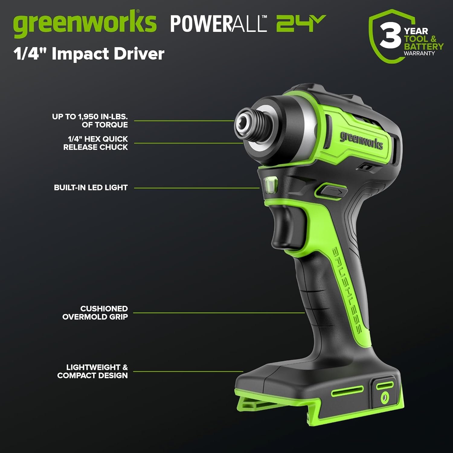 GREENWORKS 24V (4-TOOL) Combo (1/2” Drill + 1/4” Impact Driver + 6.5” Circular Saw + 200Lm Flashlight), 4.0Ah + 2.0Ah Batteries (24,000mAh Power Bank), (2) Braided Cables, 65W Rapid Charger - Image 8