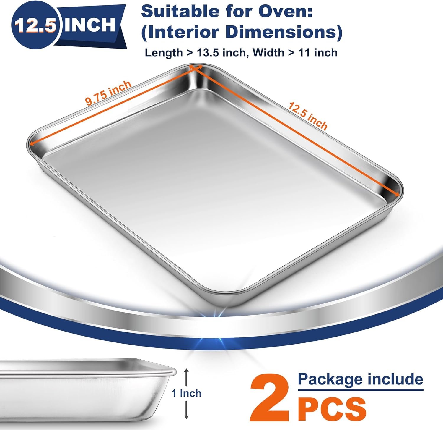 P&P CHEF 12.5 Inch Baking Cookie Sheet, Oven Pan Tray Stainless Steel Sheet Pan for Kitchen, Oven Bakeware for Multi Uses, Shiny Look & Dishwasher Safe, Healthy & Heavy Duty, 2Pcs - Image 2