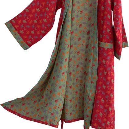 Purefair 100% Cotton Gauze Ginkgo Leaf Kimono Robe, Long Knit Loose Bathrobe Nightgown Ladies Loungewear Sleepwear for Women