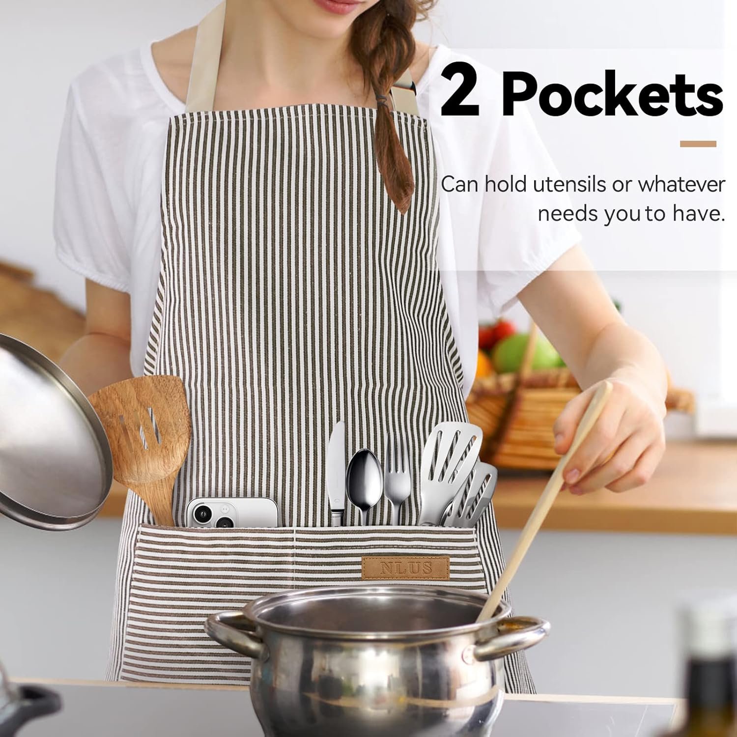 NLUS 2 Pack Kitchen Cooking Aprons, Adjustable Bib Soft Chef Apron with 2 Pockets for Men Women(Black/Brown Stripes) - Image 4