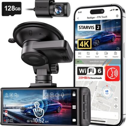 REDTIGER 4K STARVIS 2 Dash Cam Front and Rear, 5GHz WiFi 20MB/s Download, 128GB Card Included, Voice Control, Dash Camera for Cars with 3.18" Touch Screen, GPS, Loop Recording, Parking Mode(F7N Touch)