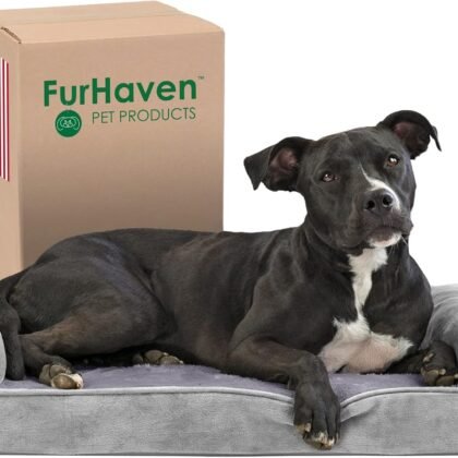 Furhaven Memory Foam Dog Bed for Medium/Small Dogs w/ Removable Bolsters & Washable Cover, For Dogs Up to 35 lbs - Faux Fur & Velvet Sofa - Smoke Gray, Medium