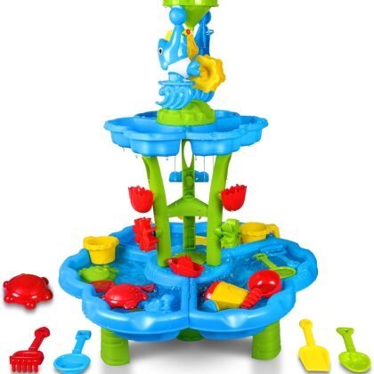 Heifriday 3-Tier Sand and Water Table for Toddlers Rain Showers Splash Outdoor Water Play Table for Kids Ages 4-8 Toddler Sensory Table Summer Outdoor Toys for Beach and Backyard for Boys Girls
