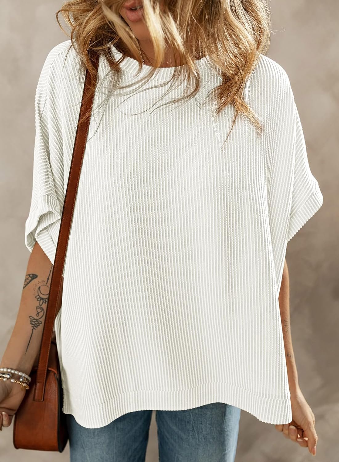 Dokotoo Women's Casual Oversized Short Sleeve Solid Color Loose Texture Knit Tunic Tops Blouses - Image 3