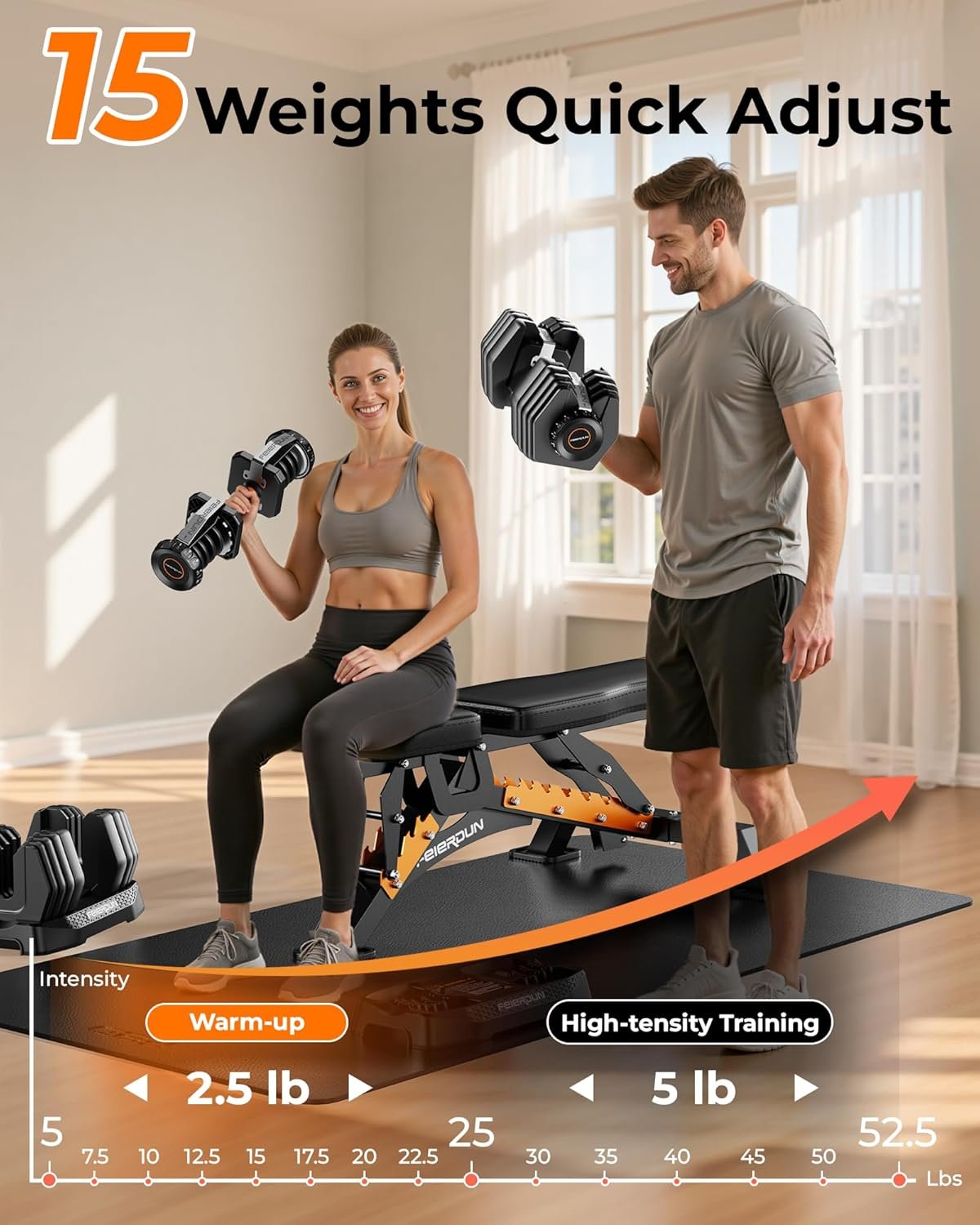 FEIERDUN 15-in-1 Adjustable Dumbbell Set, 105lb/52.5lb Weight Set Dumbbells with Storage Box, Quick Adjust Free Weight with Non-slip Handles Dumbbells for Home Gym Exercise Strength Training - Image 2