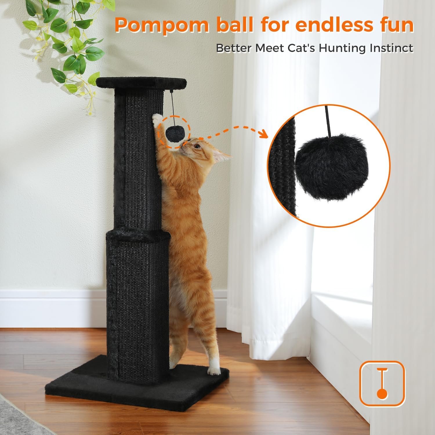 PAWZ Road Large Cat Scratching Post 32” Tall Black Scratching Post for Indoor Cats Adults Ultimate Scratch Post with Woven Sisal, Large Base and Removable Dangling Ball- Black - Image 5