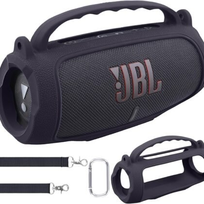 co2CREA Silicone Case for JBL Charge 5 Portable Waterproof Bluetooth Speaker, Portable Travel Soft Cover with Shoulder Strap, Protective Skin Case (Black)