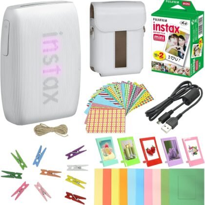 Bundle with Compatible Fuji Mini Link 3 Smartphone Printer Clay White + Fuji Film Value Pack 20 Sheets Accessories Bundle with Album + 5 Plastic Desk Frames + Paper & Sticker Frames (Clay White)