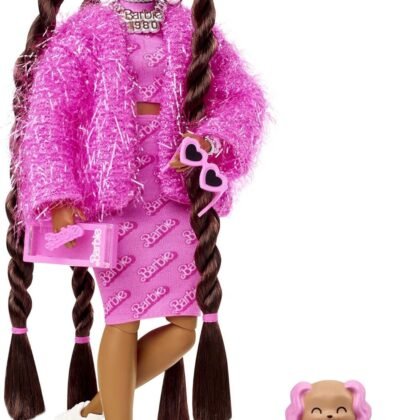 Barbie Extra Doll & Accessories with Long Brunette Styled Hair in Pink 2-Piece Outfit with Sparkly Jacket & Pet Puppy