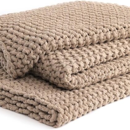 YnM Chunky Cotton Knit Throw Blanket, Cable Knit Throws for Bed Couch Sofa, Comfy & Relaxing, Decorative Piece for Farmhouse Modern Boho Rustic Scandinavian Chic Vibe, Beige 50x60 Inches