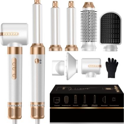 Blow Dryer Brush 7 in ONE，Autowrap Curling Wand, 110,000 RPM High-Speed Negative Ionic Hair Dryer with Diffuser Concentrator, Round Brush Blow Dryer Air Styler, Volumizing Hair Styling Tools