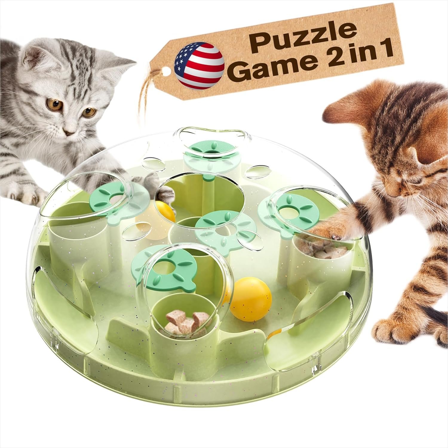KADTC 2 Ways to Play - Large Size Cat Treat Puzzle Toy U.S. Brand & Design Foraging Balls for Indoor Cats Puzzles Feeder Kitten Stimulating Enrichment Slow Feeding Toys Interactive Brain-Teasing Game