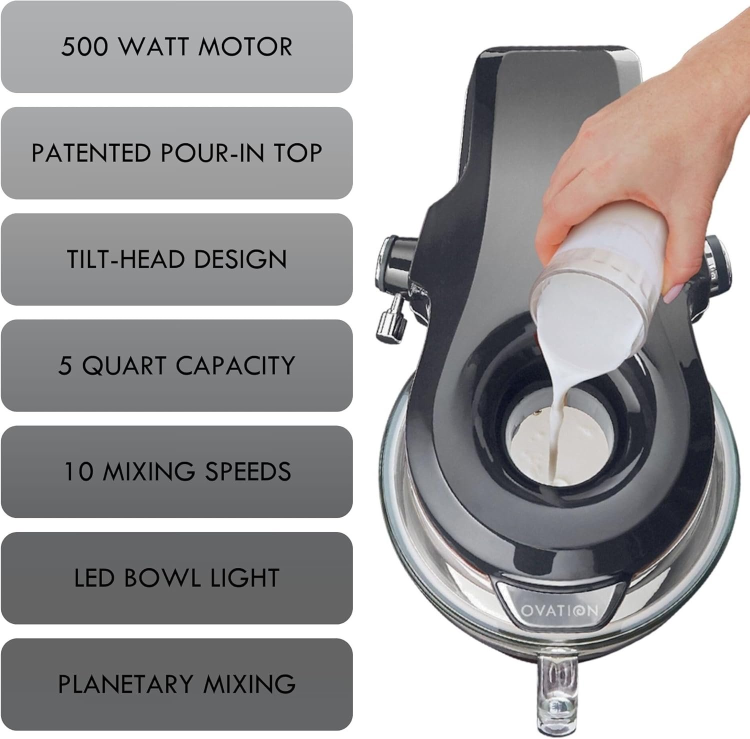 Kenmore 500W Oviation Stand Mixer - 10 Speed Mixing, Tilt-Head, Handheld Glass Bowl With Pouring Top Splash Guard, Flat Beater, Whisk, Dough Hook Attachments Countertop Kitchen Appliance, 5QT Grey - Image 3