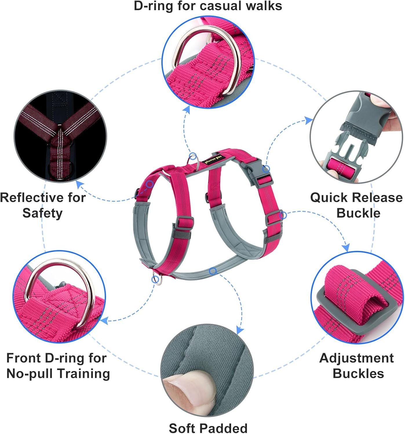 Plutus Pet No Pull Dog Harness, Adjustable Nylon Harness with Soft Padding, Reflective and Heavy Duty Dog Harness for Small, Medium, Large Dogs(Hot Pink, M) - Image 2