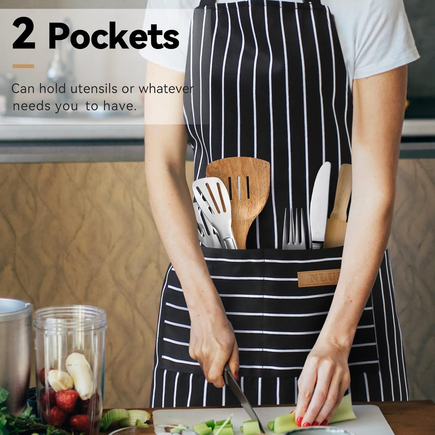 NLUS 2 Pack Kitchen Cooking Aprons, Adjustable Bib Soft Chef Apron with 2 Pockets for Men Women(Black/Brown Stripes) - Image 6