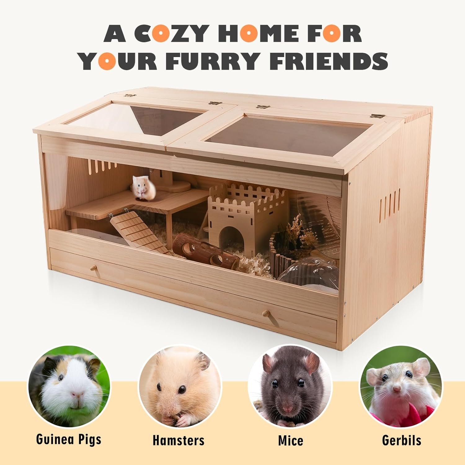 31.5 Inch Wooden Hamster Cage with Pull-Out Tray, Small Animal Habitat with Double Skylight Doors for Gerbil, Mouse, Guinea Pig, Rat, No Accessories - Image 7