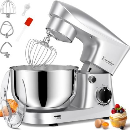 Facelle Stand Mixer, 10-Speed 6QT Kitchen Electric Mixer, Tilt-Head Food Mixer with Beater, Dough Hook, Wire Whip and Egg Separator, scraper for Most Home Cooks - Silver