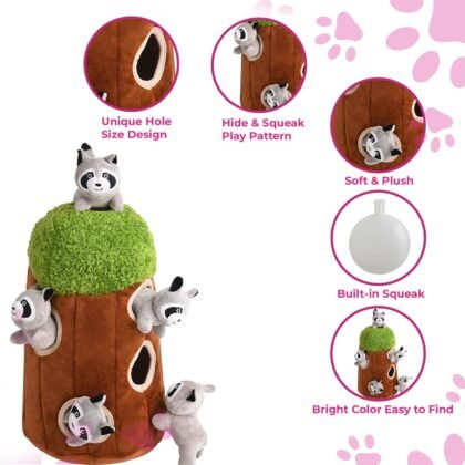 Glow Pups Hide and Seek Dog Toy, Interactive Plush Raccoon in Tree Burrow, Squeaky Woodland Style Dog Toys for Small Dogs, Mental Stimulation, Medium Size Tree with 4 Raccoon