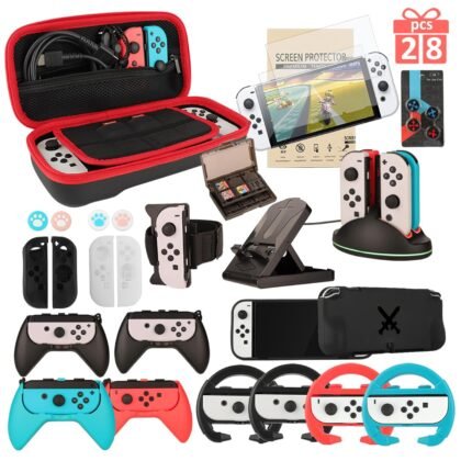 Switch OLED Accessories - Family Bundle Accessories for Nintendo Switch OLED, Carry Case& Screen Protector,4 Pack Joy Con Grips and Steering Wheels, Case Cover,Stand Mount,Joy Con Charger and More