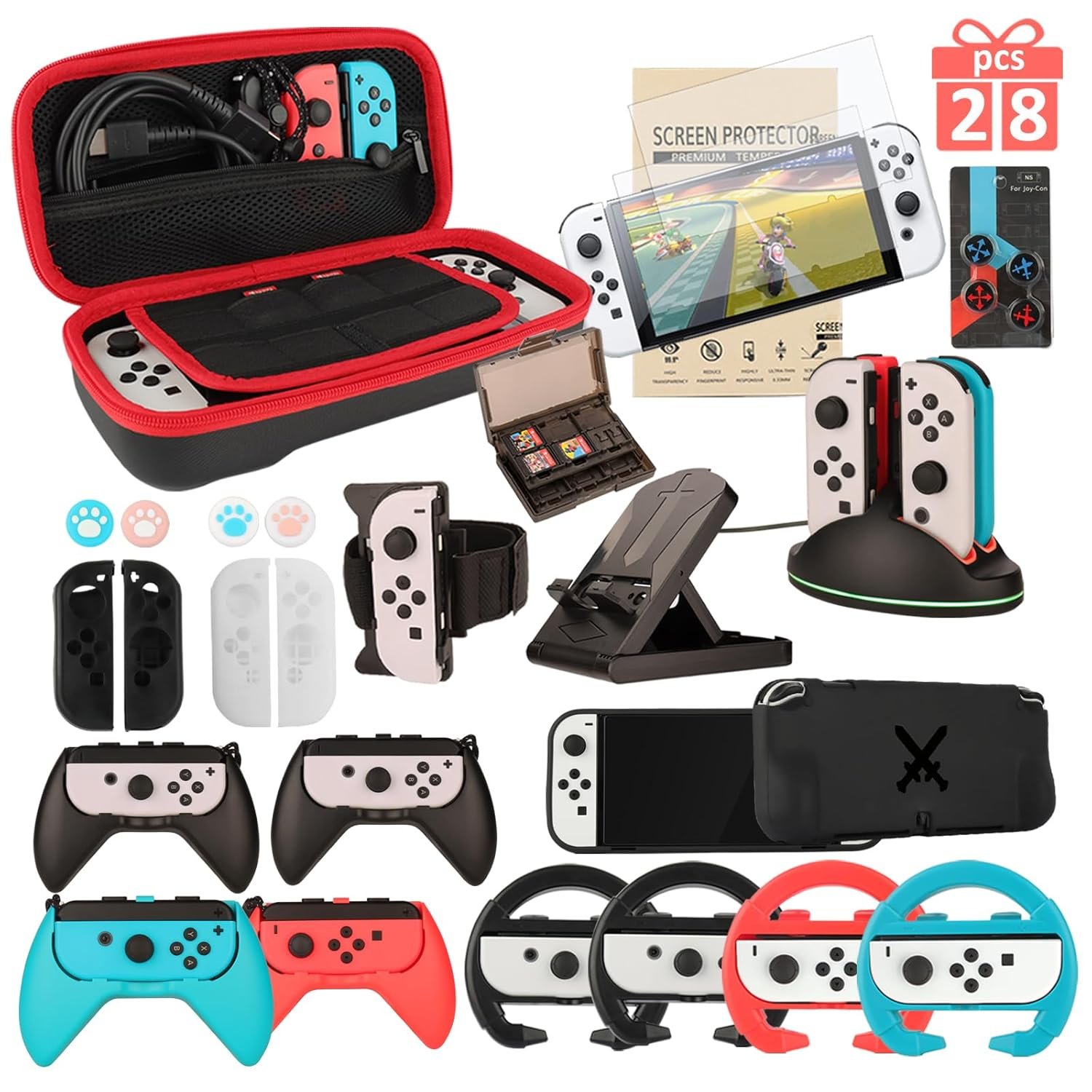 Switch OLED Accessories - Family Bundle Accessories for Nintendo Switch OLED, Carry Case& Screen Protector,4 Pack Joy Con Grips and Steering Wheels, Case Cover,Stand Mount,Joy Con Charger and More